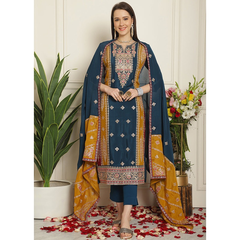3 Pc Blue Unstitched Muslin Suit Set - JD986579108