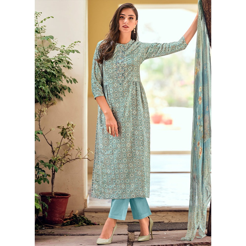 3 Pc Blue Unstitched Muslin Suit Set - JD986579110