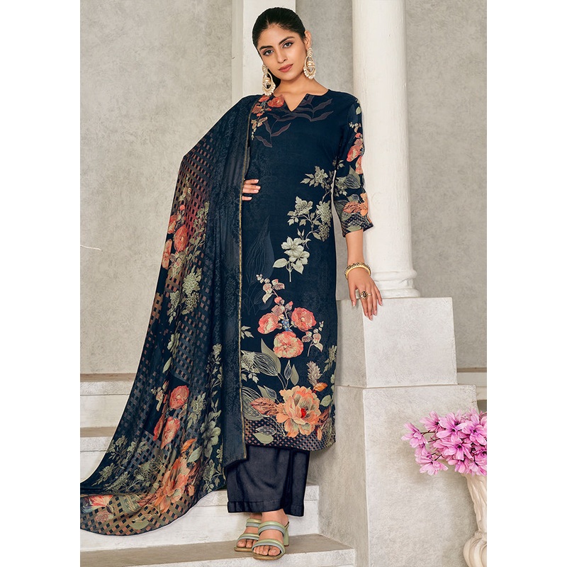 3 Pc Blue Unstitched Pashmina Suit Set - JD986579106