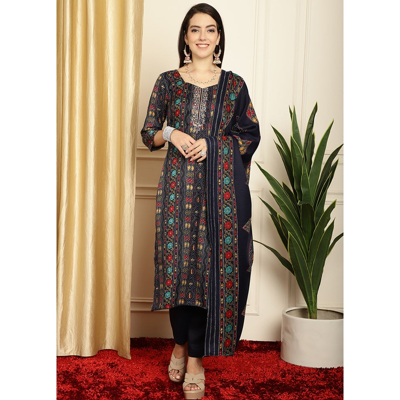 3 Pc Blue Unstitched Pashmina Suit Set - JD986579107