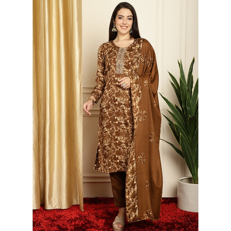 3 Pc Brown Unstitched Pashmina Suit Set - JD986579101