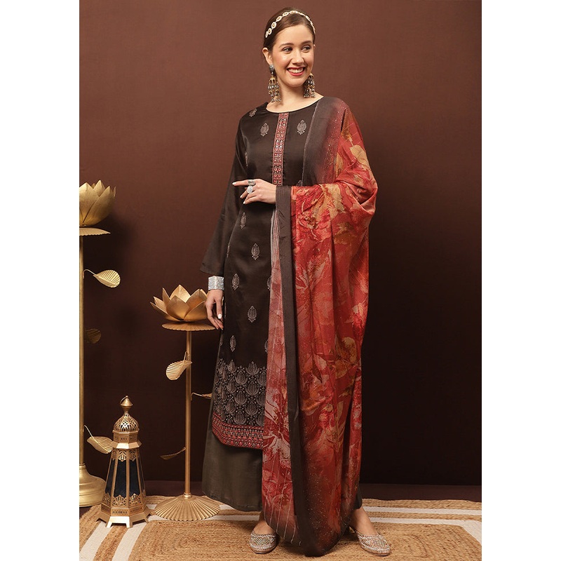 3 Pc Brown Unstitched Santoon Suit Set - JD986579100