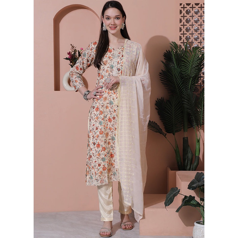 3 Pc Cream Unstitched Cotton Suit Set - JD986579097