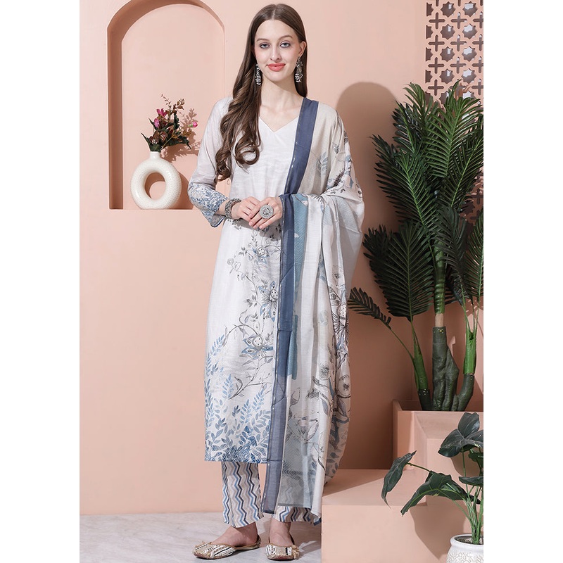 3 Pc Cream Unstitched Cotton Suit Set - JD986579098