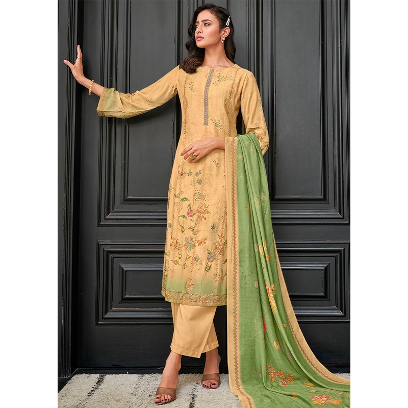 3 Pc Cream Unstitched Pure Muslin Suit Set - JD986579096