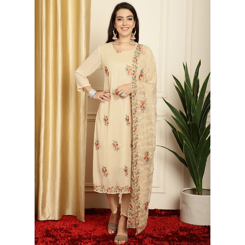 3 Pc Cream Unstitched Pure Santoon Suit Set - JD986579094