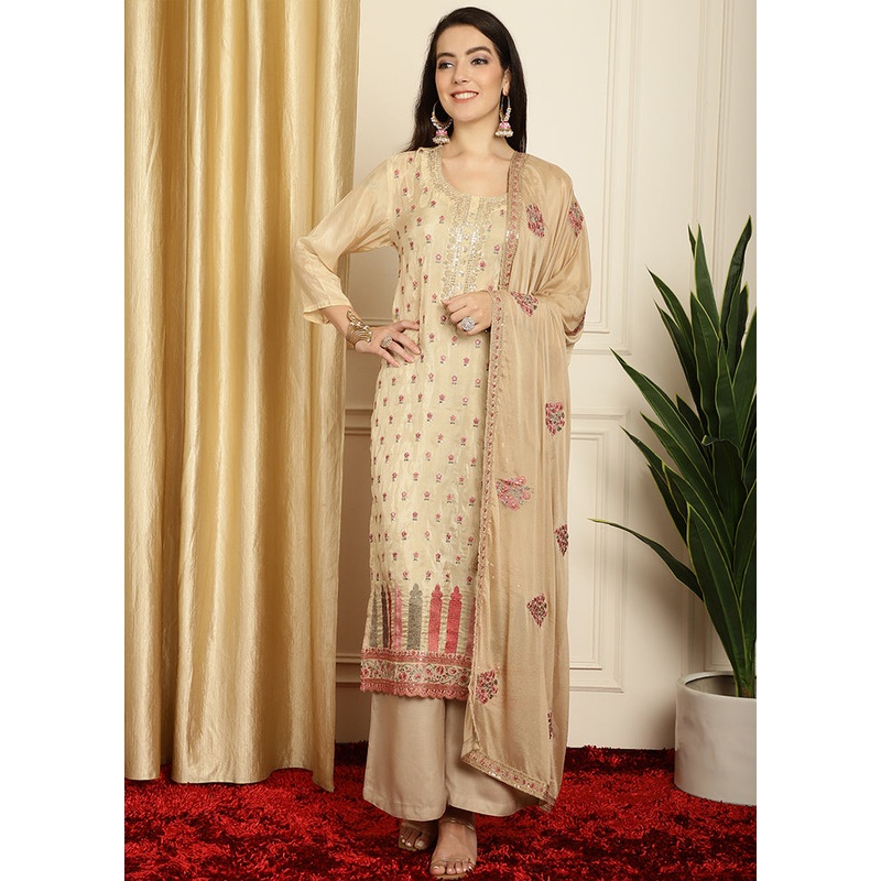 3 Pc Cream Unstitched Pure Santoon Suit Set - JD986579095