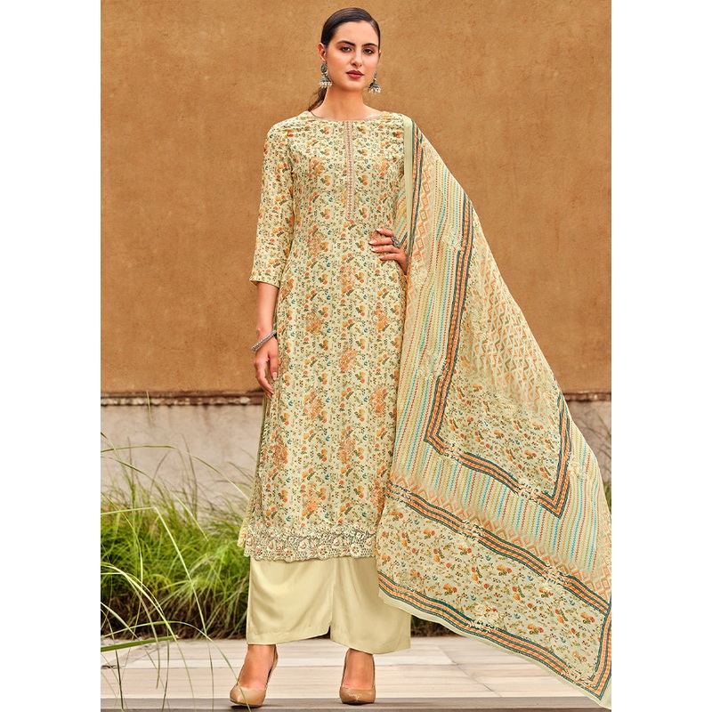 3 Pc Cream Unstitched Pure Silk Suit Set - JD986579093