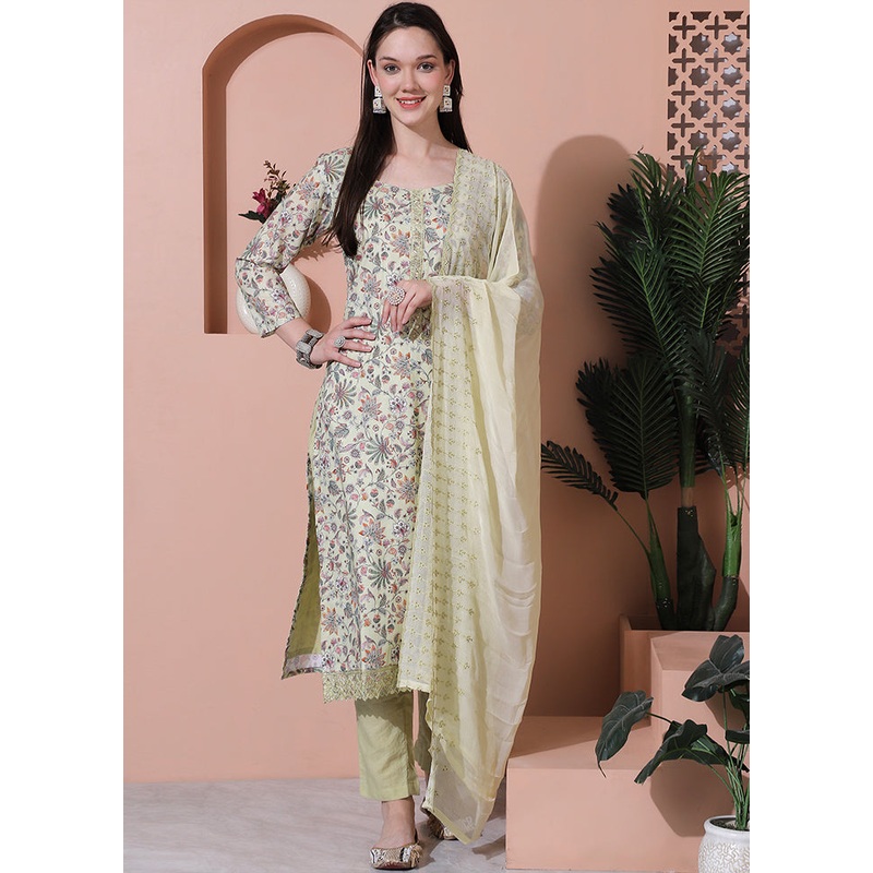 3 Pc Green Unstitched Cotton Suit Set - JD986579084