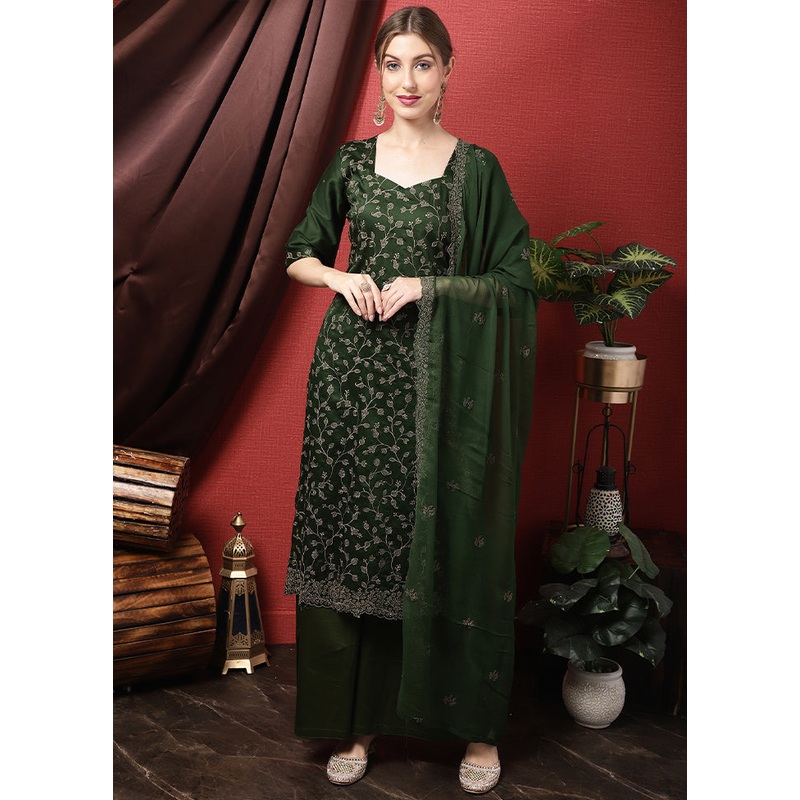 3 Pc Green Unstitched Cotton Suit Set - JD986579087