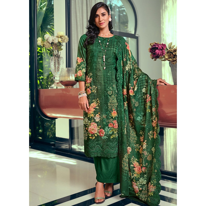 3 Pc Green Unstitched Cotton Suit Set - JD986579088