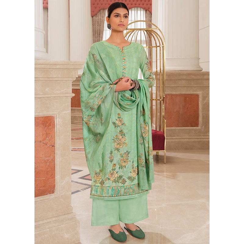 3 Pc Green Unstitched Cotton Suit Set - JD986579089