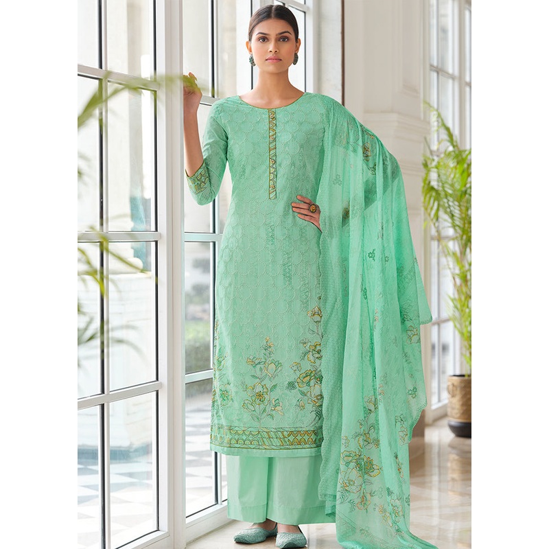3 Pc Green Unstitched Cotton Suit Set - JD986579090