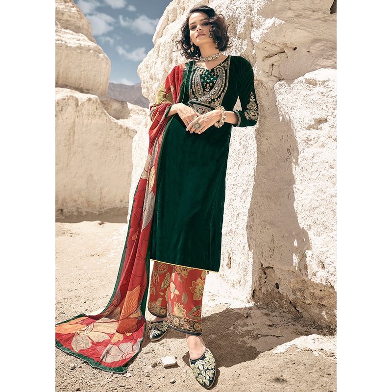 3 Pc Green Unstitched Pashmina Suit Set - JD986579081