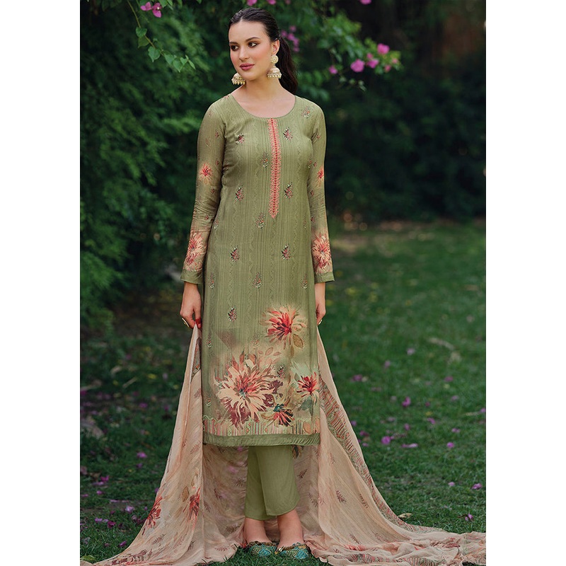 3 Pc Green Unstitched Rayon Suit Set - JD986579077