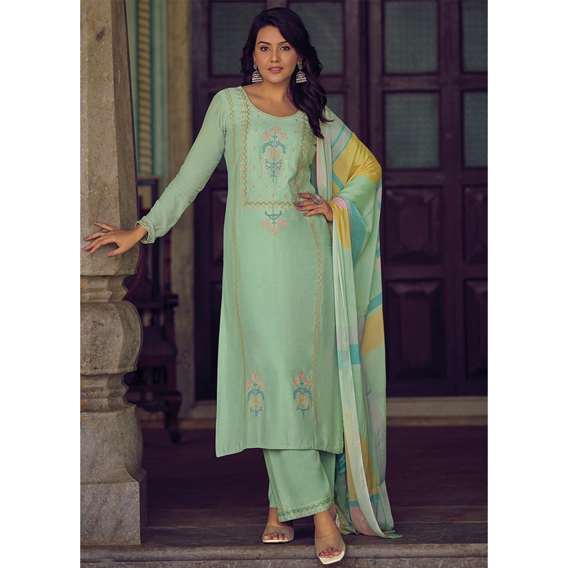 3 Pc Green Unstitched Rayon Suit Set - JD986579078