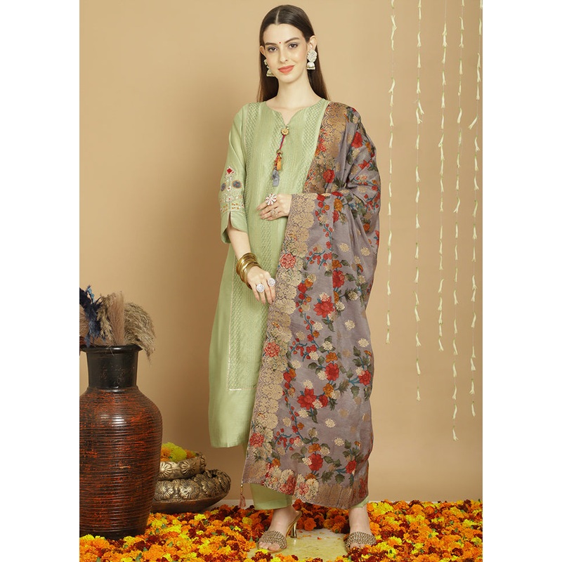 3 Pc Green Unstitched Silk Suit Set - JD986579073