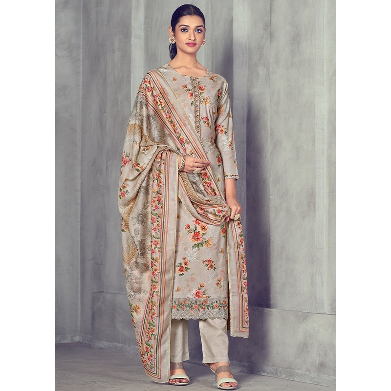 3 Pc Grey Unstitched Pure Cotton Suit Set - JD986579070