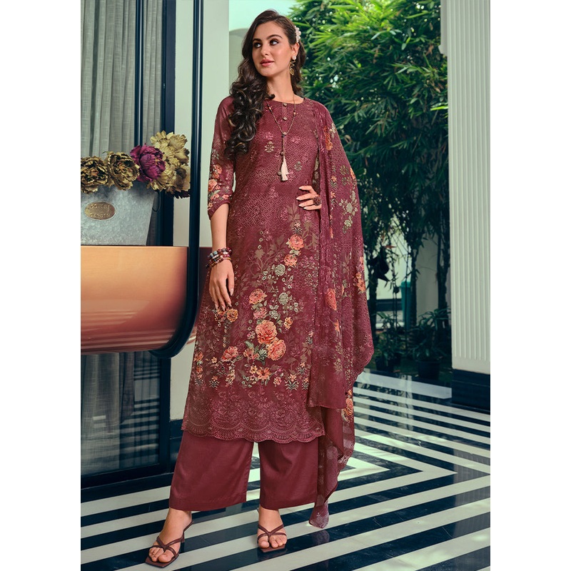 3 Pc Maroon Unstitched Cotton Suit Set - JD986579067