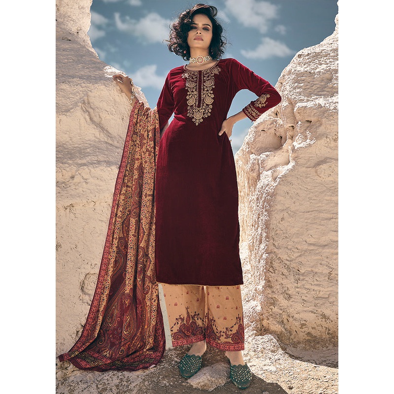 3 Pc Maroon Unstitched Pashmina Suit Set - JD986579065