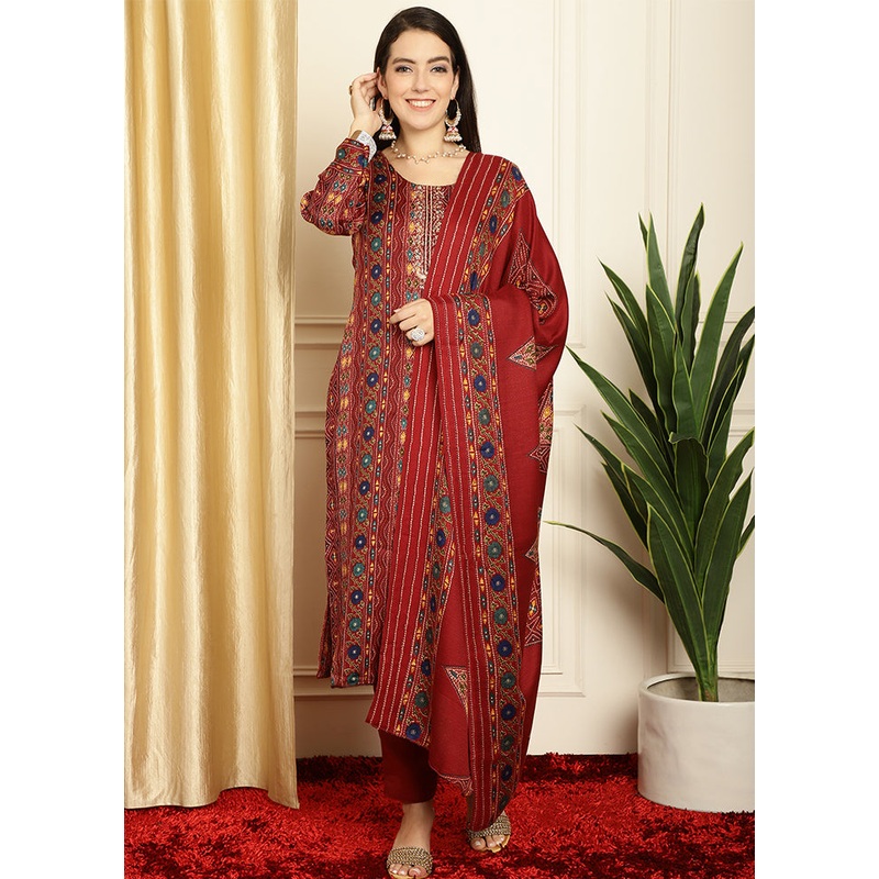 3 Pc Maroon Unstitched Pashmina Suit Set - JD986579066
