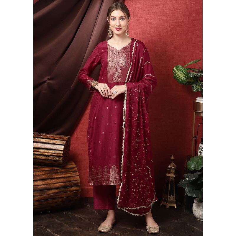 3 Pc Maroon Unstitched Pure Santoon Suit Set - JD986579064