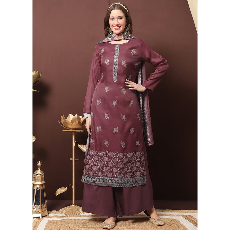 3 Pc Maroon Unstitched Santoon Suit Set - JD986579063