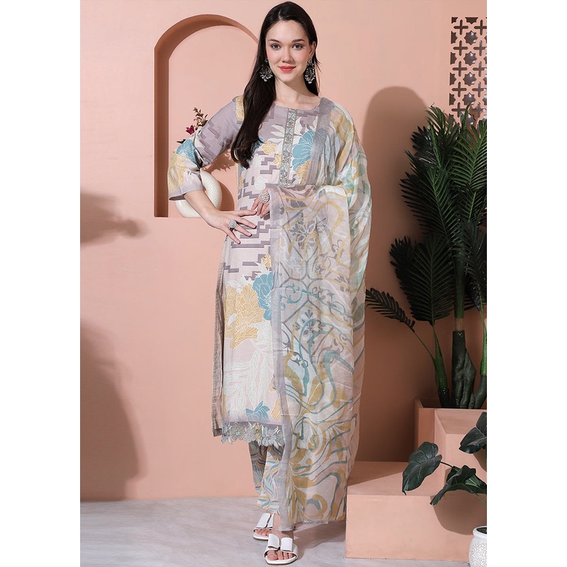 3 Pc Multicolor Unstitched Cotton Suit Set - JD986579052