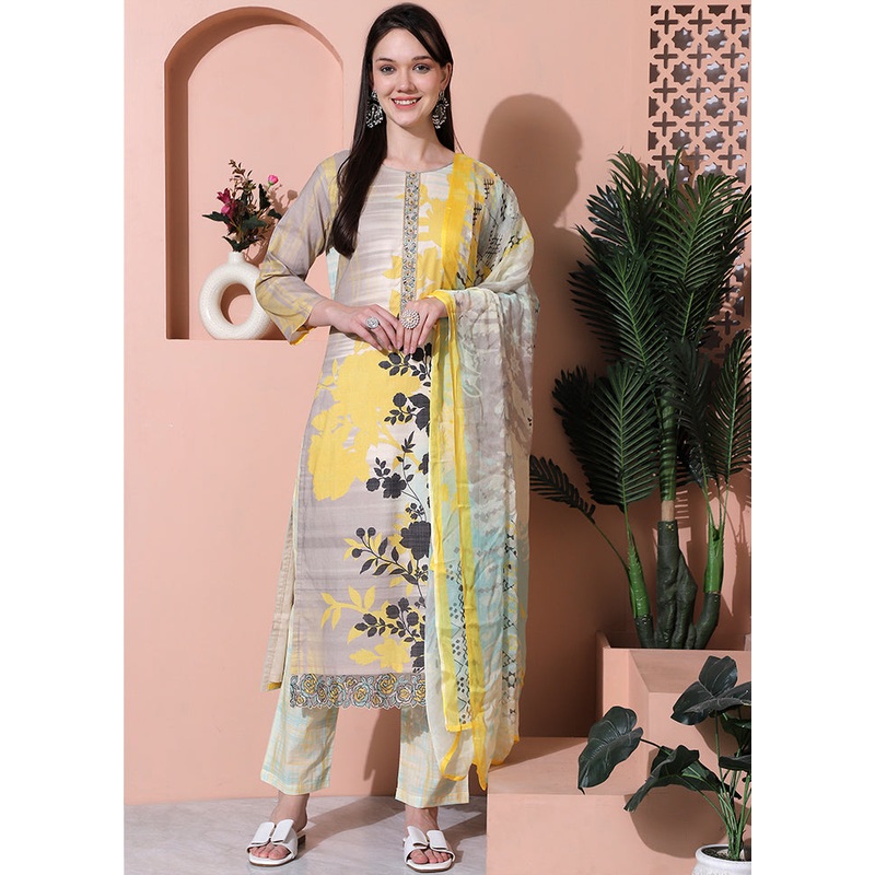 3 Pc Multicolor Unstitched Cotton Suit Set - JD986579053