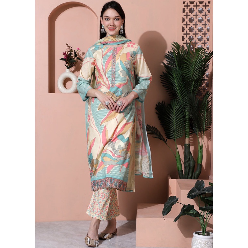3 Pc Multicolor Unstitched Cotton Suit Set - JD986579055