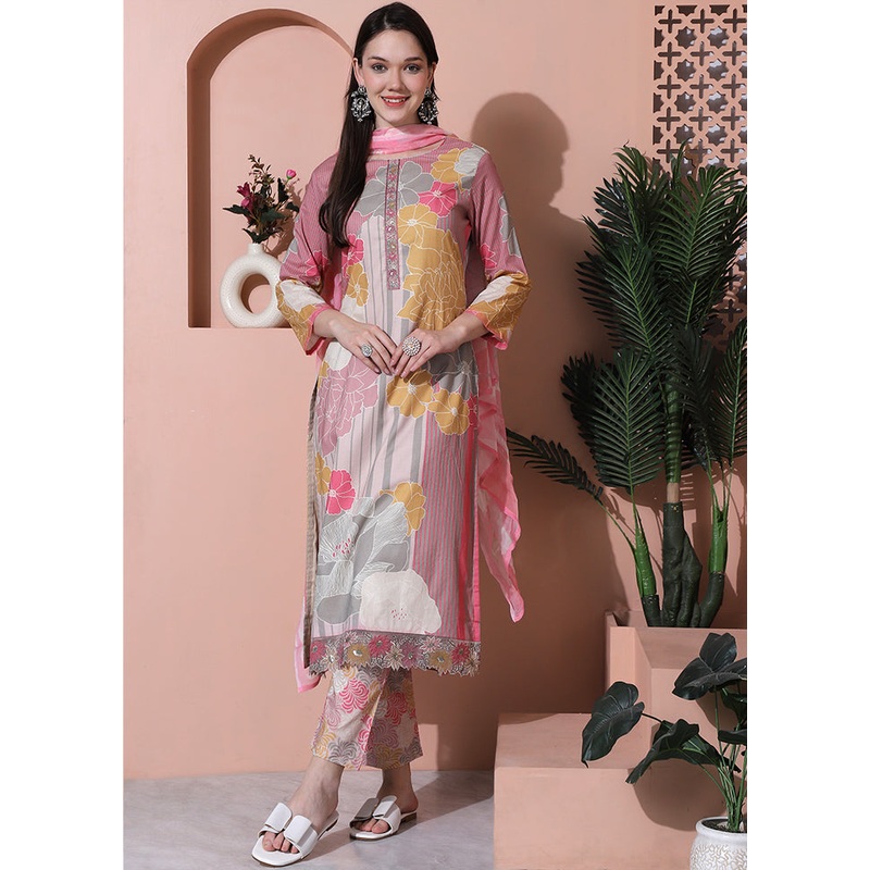 3 Pc Multicolor Unstitched Cotton Suit Set - JD986579056