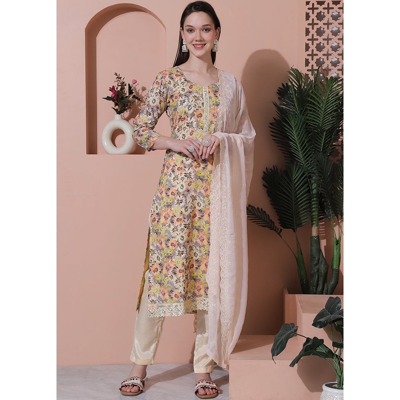 3 Pc Multicolor Unstitched Cotton Suit Set - JD986579057