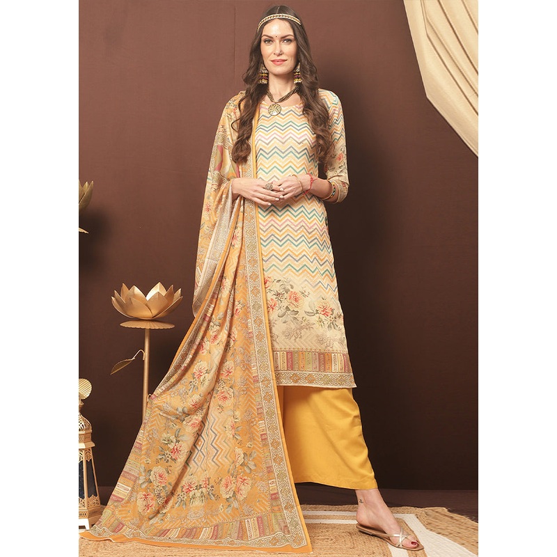 3 Pc Multicolor Unstitched Cotton Suit Set - JD986579060