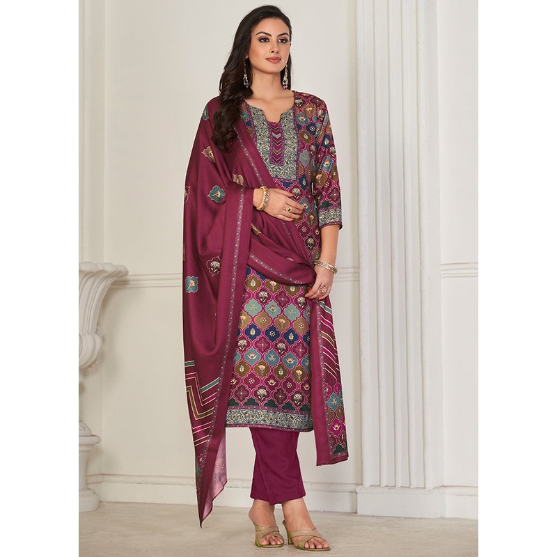 3 Pc Multicolor Unstitched Pashmina Suit Set - JD986579049