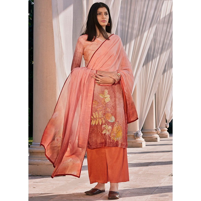 3 Pc Orange Unstitched Silk Suit Set - JD986579046