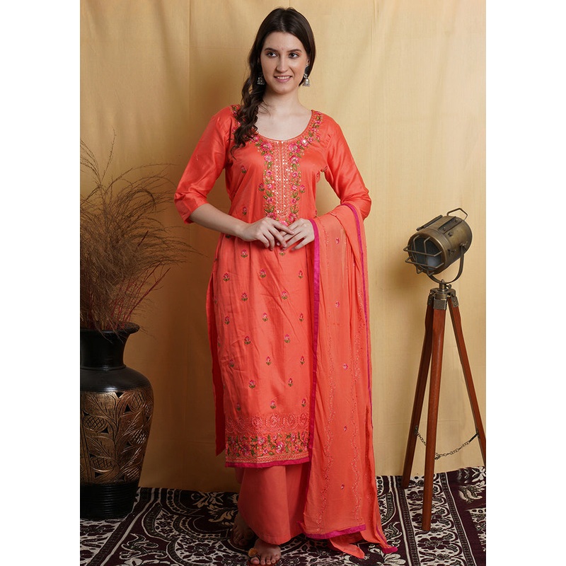 3 Pc Peach Unstitched Cotton Suit Set - JD986579044
