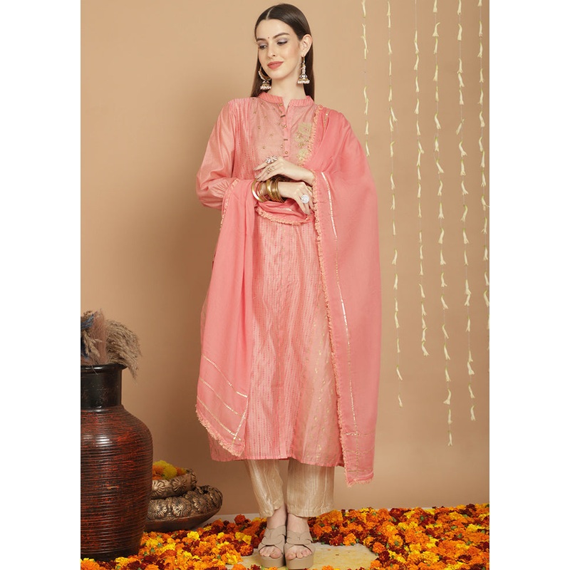 3 Pc Peach Unstitched Silk Suit Set - JD986579037