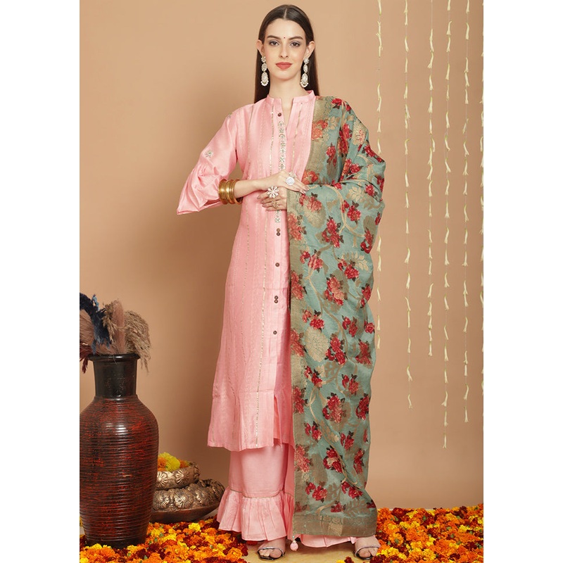 3 Pc Peach Unstitched Silk Suit Set - JD986579038