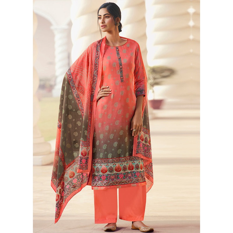 3 Pc Peach Unstitched Silk Suit Set - JD986579039
