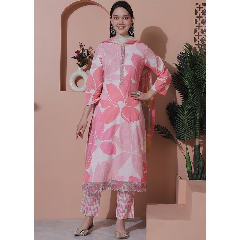 3 Pc Pink Unstitched Cotton Suit Set - JD986579033