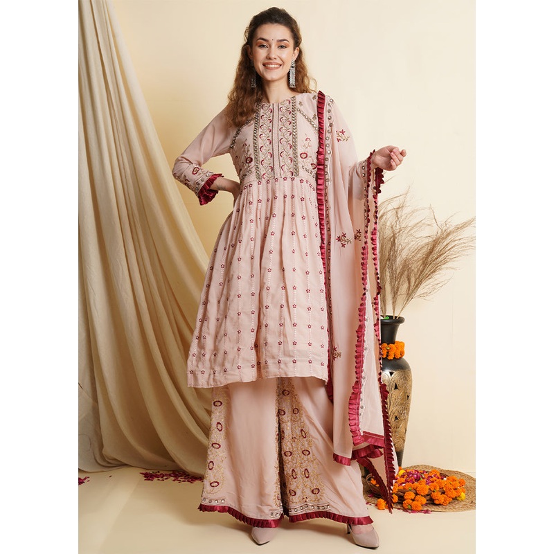 3 Pc Pink Unstitched Georgette Suit Set - JD986579032