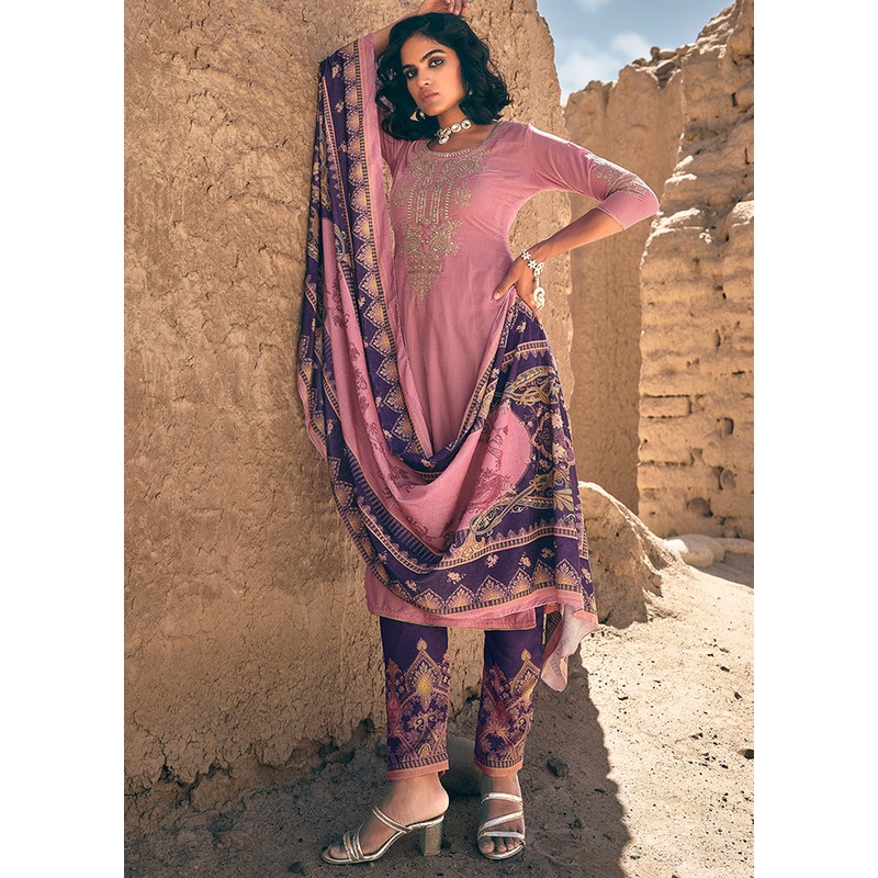 3 Pc Pink Unstitched Pashmina Suit Set - JD986579028