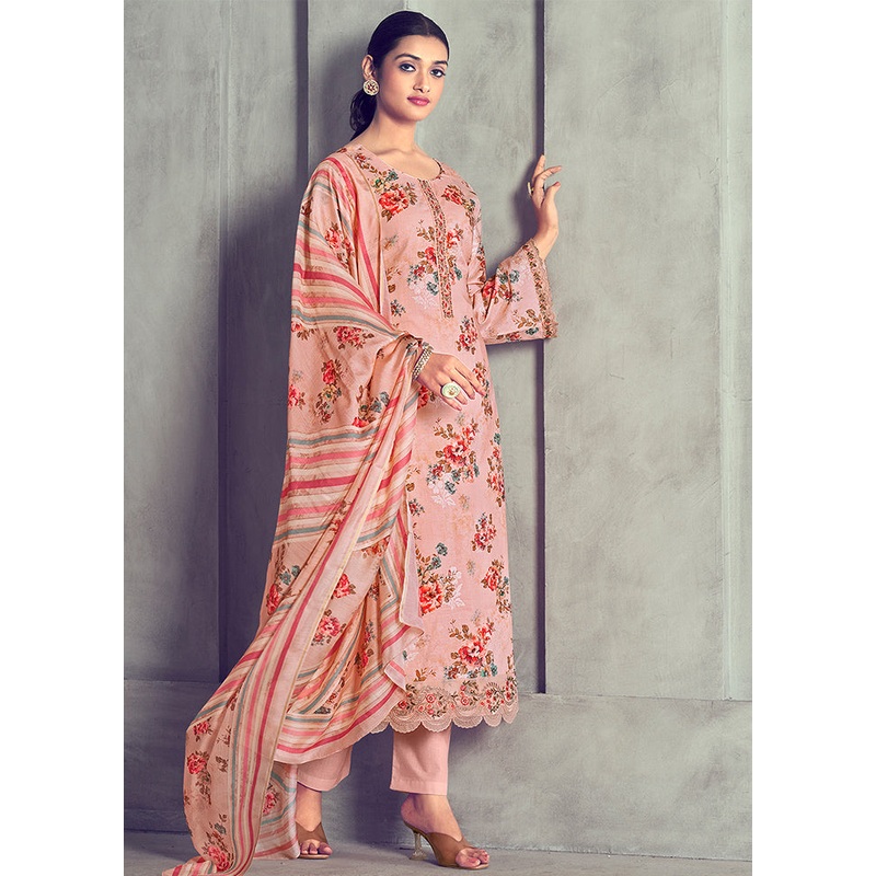 3 Pc Pink Unstitched Pure Cotton Suit Set - JD986579026