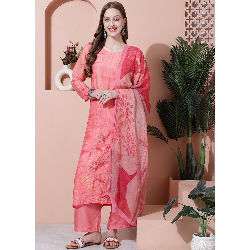 3 Pc Pink Unstitched Rayon Suit Set - JD986579023