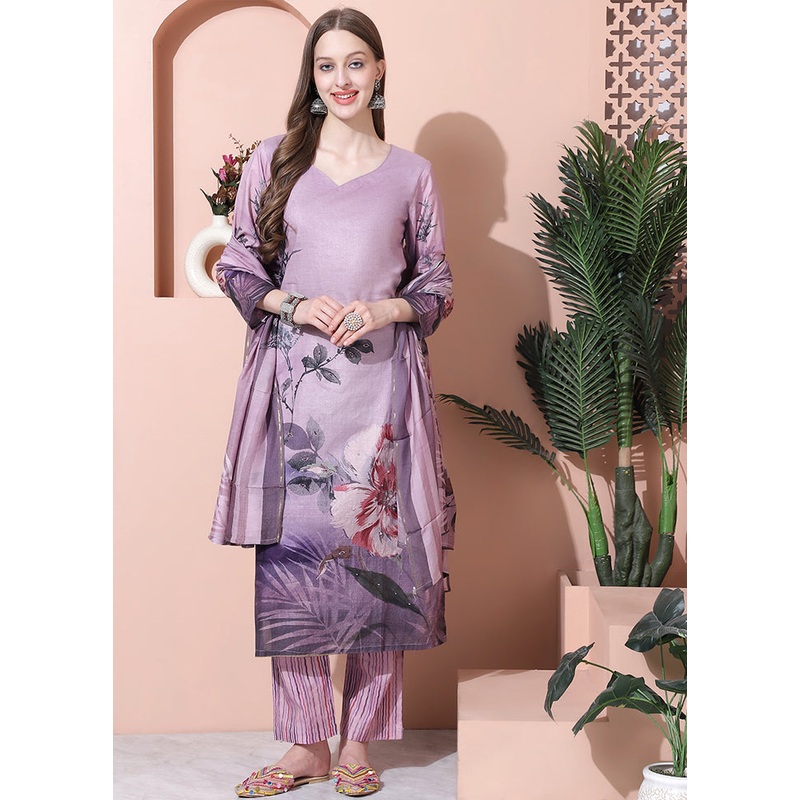 3 Pc Purple Unstitched Cotton Suit Set - JD986579017