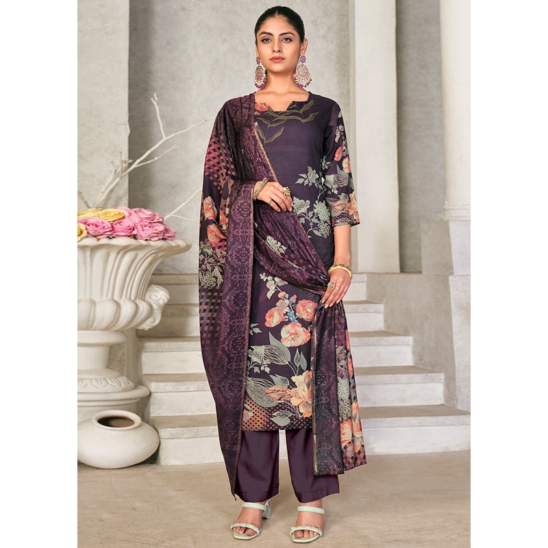 3 Pc Purple Unstitched Pashmina Suit Set - JD986579016