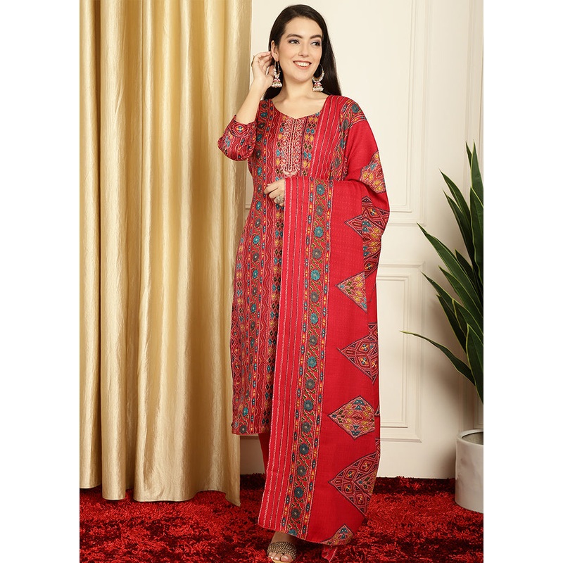 3 Pc Red Unstitched Pashmina Suit Set - JD986579015