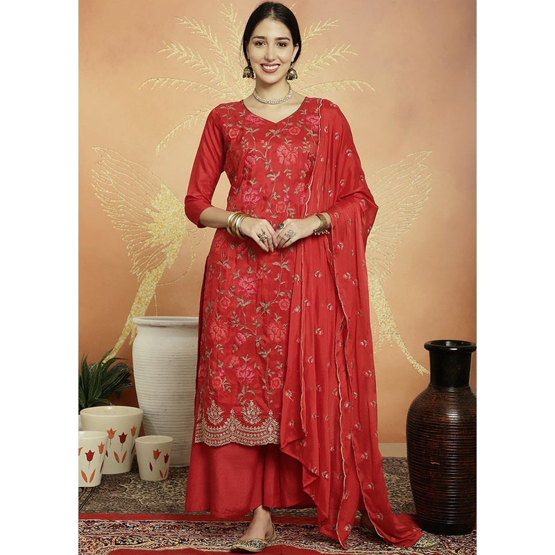3 Pc Red Unstitched Pure Santoon Suit Set - JD986579014