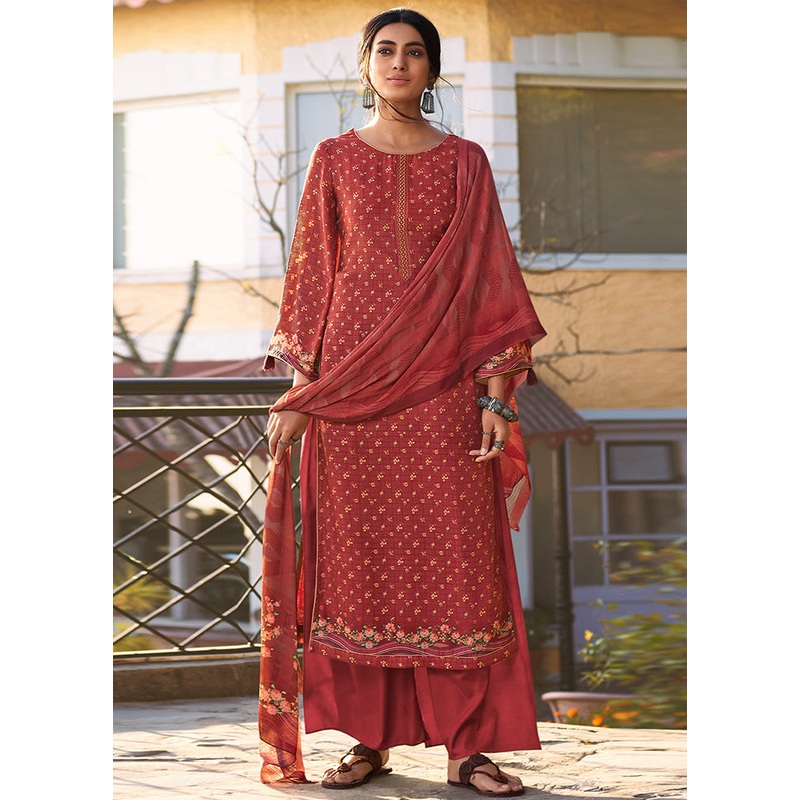 3 Pc Red Unstitched Silk Suit Set - JD986579012