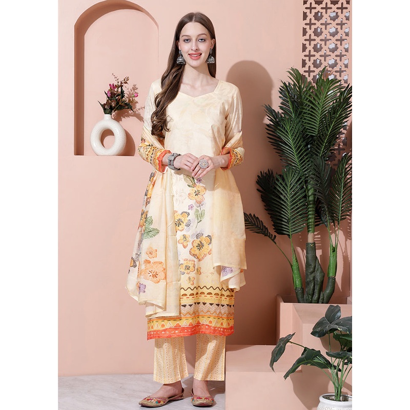 3 Pc Yellow Unstitched Cotton Suit Set - JD986579003